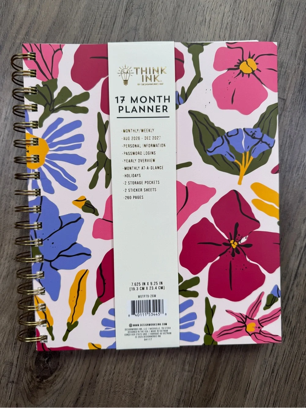 Think Ink 17 Month Planner Floral Cover Aug 2025-Dec 2026